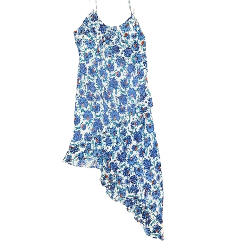 Angie White Blue Floral Sundress Asymmetrical Ruffled Ladies Small NWT